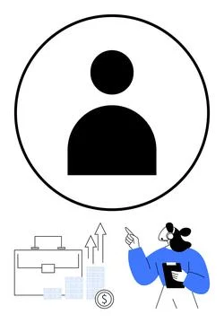 Profile icon in circle, business elements thumbs up briefcase and graphs, fem Illustrazione stock