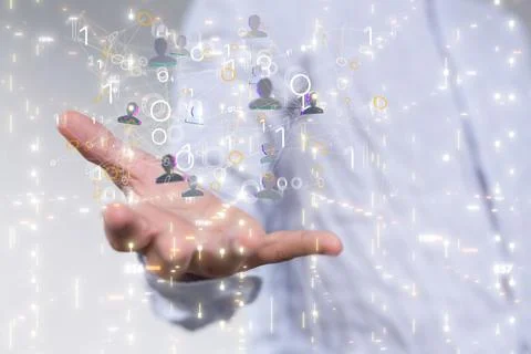 Profile icons with binary numbers hovering above the hand. Business, data, Foto stock