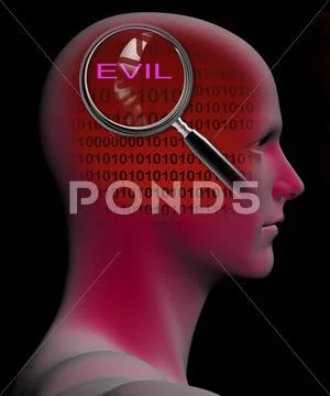 Profile of a man with close up of magnifying glass on evil Stock Illustration