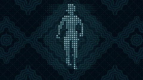 Profile of a man running toward the viewer dots pattern. 3d render loop. 4K, UHD Stock Footage 147597004