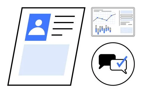 Profile page with avatar, analytics dashboard with graph and bar chart, commu Stock Illustration