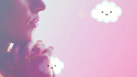 Profile of person with cute smiling cloud animations on pink background Stock Footage 303434517