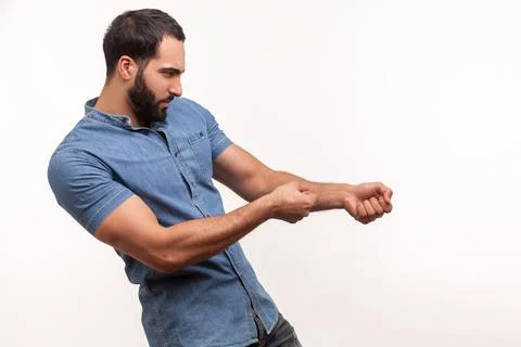 Profile portrait strong assertive man purposeful businessman with beard pulli Foto stock