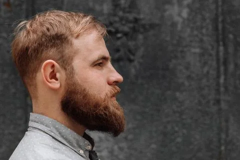 A profile portrait of a young handsome man with trendy stylish hairdo against Stock Photos