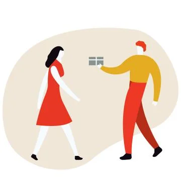 Profile side bottom view portrait of cheerful stylish couple, man giving packed Stock-Illustration