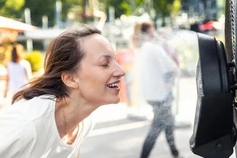 Profile side close-up view young adult beautiful woman enjoy fresh moisturized 스톡 사진