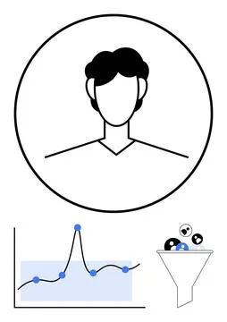 Profile Silhouette, Data Analysis Graph, and Conversion Funnel Visualizing .. Illustrazione stock