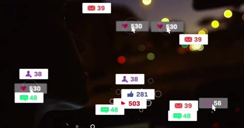 Profile sitting in car while pointer tapping device, badges growing and showing Video stock 322119986