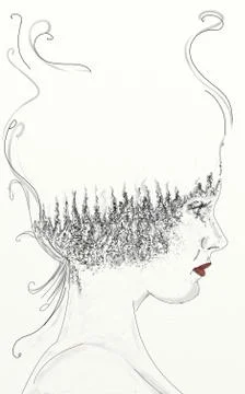 Of profile, with trees having hair Stock Illustration