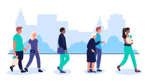 The profile of various multiracial people crowd walking on urban city street Illustration