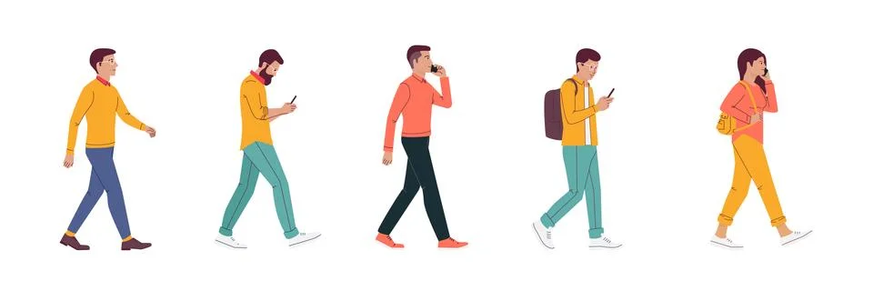 The profile of various people walking down the street. flat design style minimal Illustrazione stock