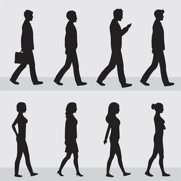 The profile of various people walking down the street. flat design style minimal Stock Illustration