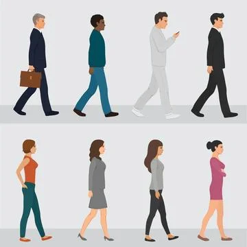 The profile of various people walking down the street. flat design style minimal Stock Illustration
