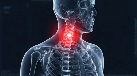 Profile view anatomical human skeleton with glowing red neck pain highlight.. Stock Illustration