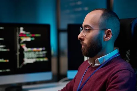 Profile View Bearded Man using Computer 스톡 사진
