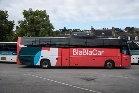 Profile view of blablacar bus parked in the bus station Stock Photos