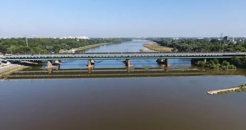Profile View Of Bridge Over River. Aerial Side View Stock Footage 93343028