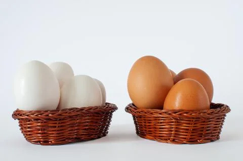 Profile view of brown and white color chicken eggs in mini baskets. Stock Photos