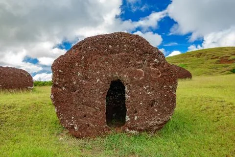 Profile view of Pukao in Easter Island Foto stock