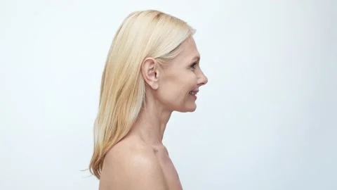 Profile view of retired lady look empty space enjoy enhancement effect Stock Footage 162966967