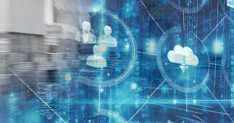 Profiles and cloud storage icons, data processing, over warehouse, technology Stock Illustration