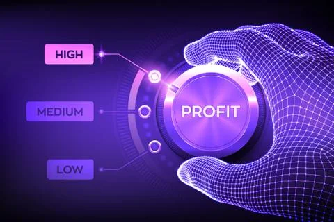 Profit levels knob button. Increasing Profit Level. Wireframe hand setting pr Stock Illustration