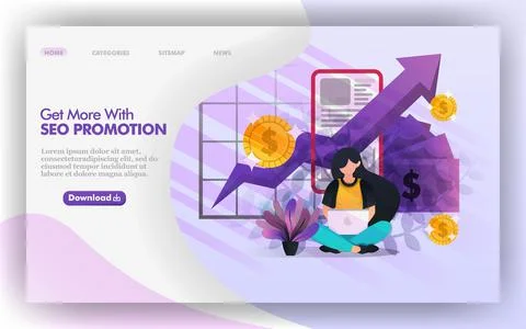 Profit optimization with SEO promotion Vector Web Illustration, Girl studying Stock Illustration