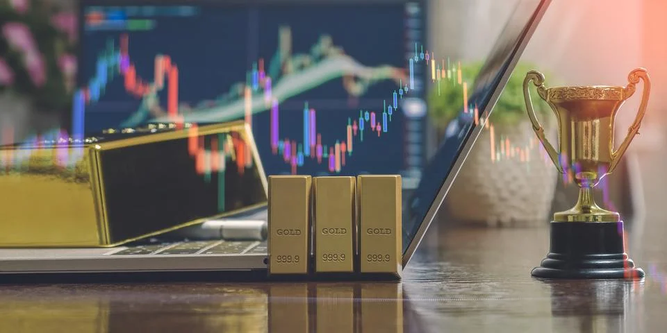 Profitable commodity investment strategy. Double exposure of glowing financia Stock Photos