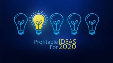 Profitable ideas for 2020, Lightbulbs and one lighting bulb idea inspiration Stock Illustration