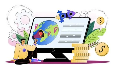 Profitable partnership concept. Man with loudspeaker sitting near computer Illustrazione stock