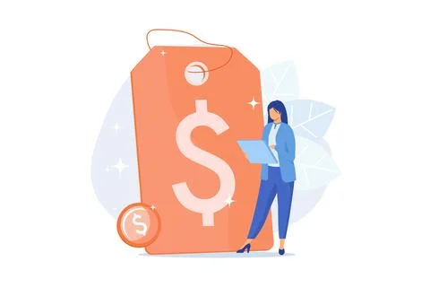 Profitable pricing strategy. Price formation, promo action, clearance shopp.. Illustrazione stock