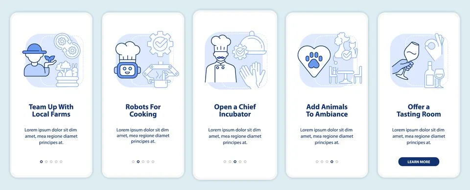 Profitable restaurant ideas light blue onboarding mobile app screen Stock Illustration