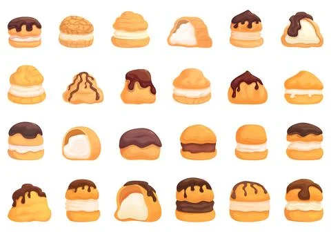 Profiterole icons set cartoon vector. Chocolate food Illustrazione stock