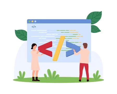 Program and software code development, tiny people coding, coders work with Stock Illustration