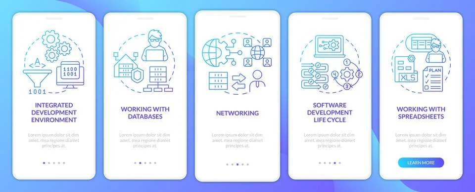 Program building skills blue gradient onboarding mobile app screen Stock Illustration