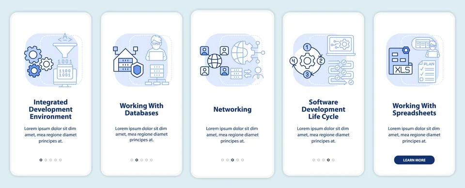Program building skills light blue onboarding mobile app screen Stock Illustration