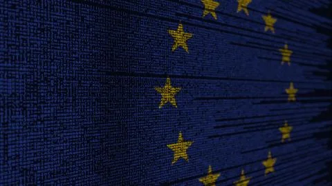 Program code and flag of the EU. European Union digital technology or Illustration