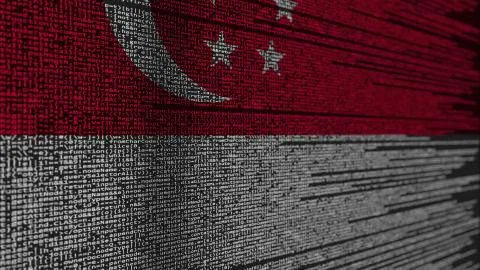 Program code and flag of Singapore. Singaporean digital technology or Illustration
