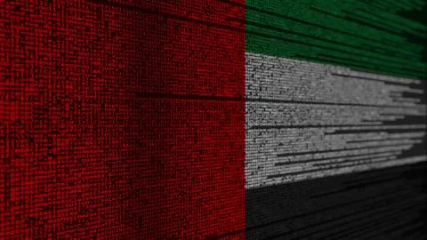 Program code and flag of the UAE. United Arab Emirates digital technology or Stock Illustration
