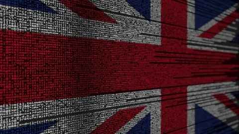 Program code and flag of the United Kingdom. British digital technology or Stock Footage 91688552