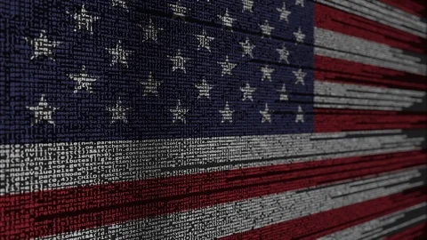Program code and flag of the United States. American digital technology or Stock Footage 91945851