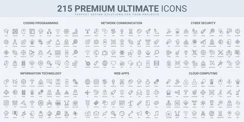 Program code and network communication, mobile app for media thin black line Stock Illustration