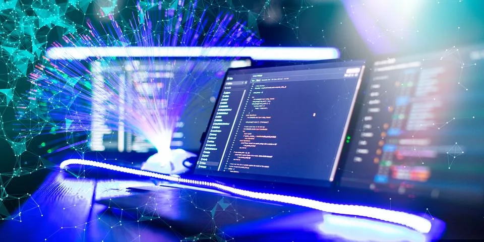 Program code on a computer monitor with fiber optic background. Internet an.. 写真素材