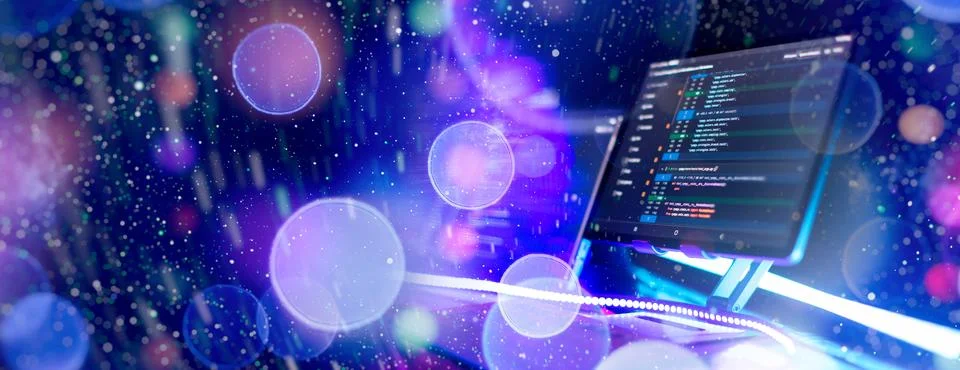 Program code on a computer monitor with fiber optic background. Internet an.. 写真素材