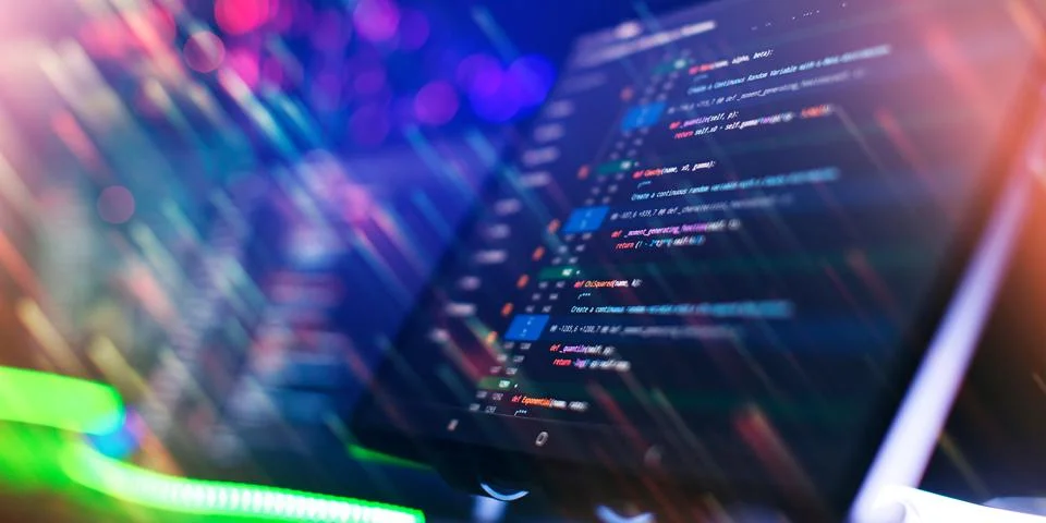 Program code on a computer monitor with fiber optic background. Internet an.. Stock Photos