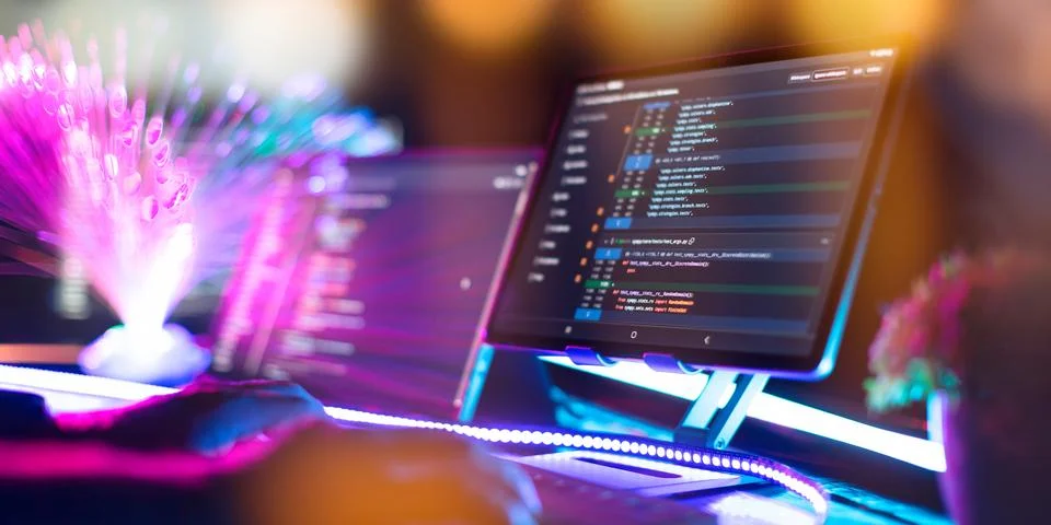Program code on a computer monitor with fiber optic background. Internet an.. Stock Photos