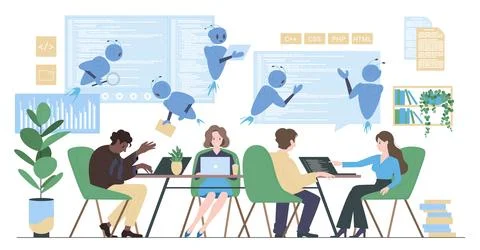 Program code development with help of AI, tiny programmers work on laptops Stock Illustration