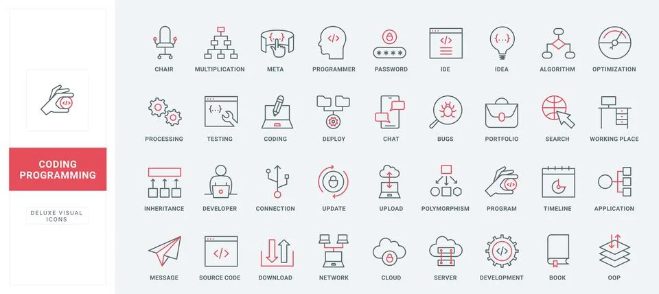 Program code development line icons set, workflow and tools of programmer Illustrazione stock