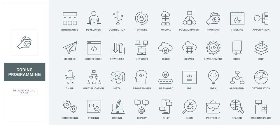 Program code development line icons set, workflow and tools of programmer Illustrazione stock