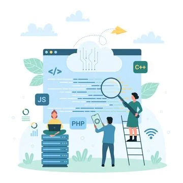 Program code development technology, tiny people studying script with magnifying Stock Illustration